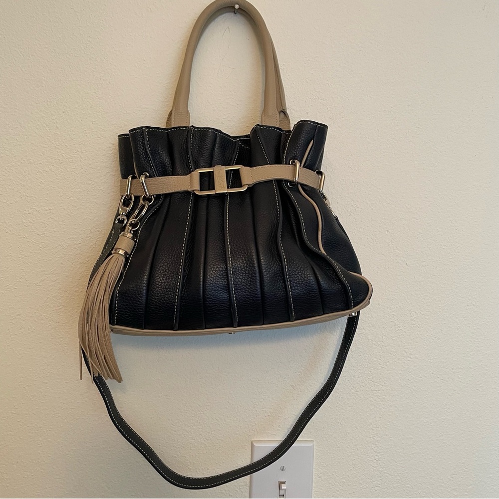 Mix And Match Italian Leather Shoulder Bag Navy/Tan